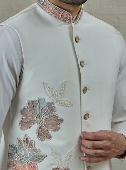 White & Cream Embroidered Kurta Pajama with Koti | TULA