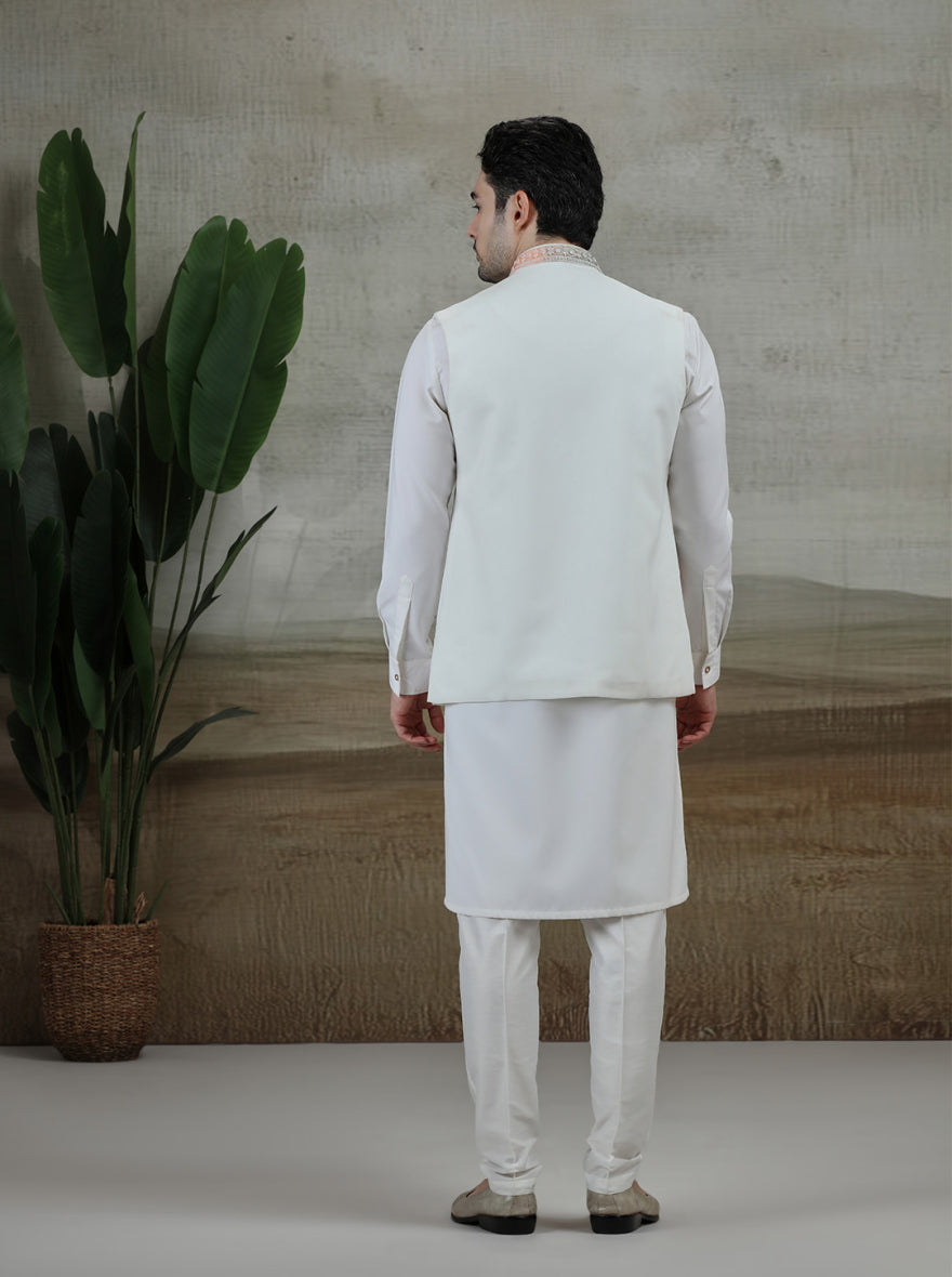 White & Cream Embroidered Kurta Pajama with Koti | TULA