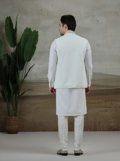 White & Cream Embroidered Kurta Pajama with Koti | TULA