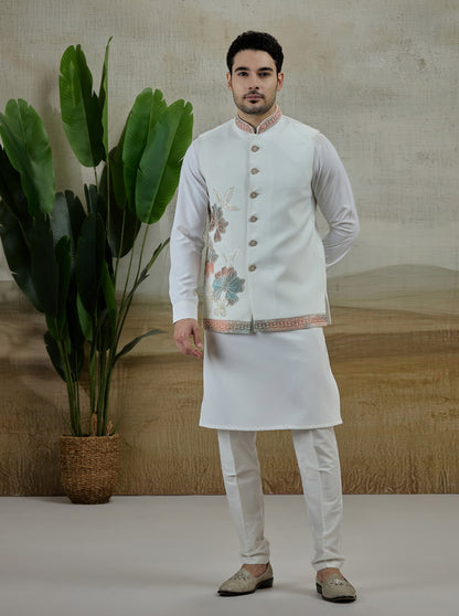 White & Cream Embroidered Kurta Pajama with Koti | TULA