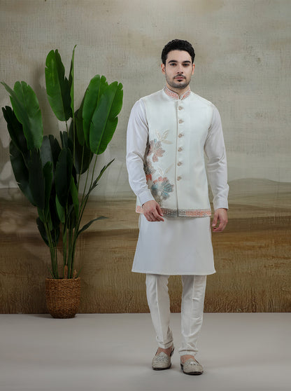 White & Cream Embroidered Kurta Pajama with Koti | TULA