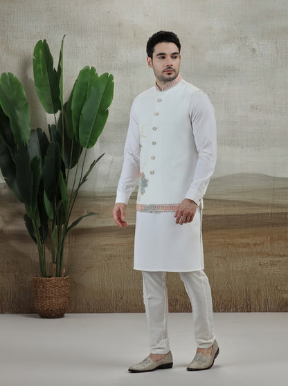 White & Cream Embroidered Kurta Pajama with Koti | TULA
