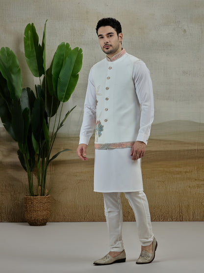 White & Cream Embroidered Kurta Pajama with Koti | TULA