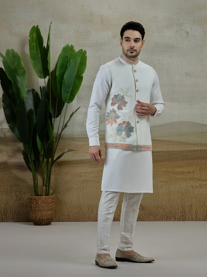 White & Cream Embroidered Kurta Pajama with Koti | TULA