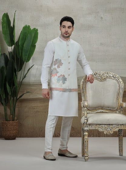 White & Cream Embroidered Kurta Pajama with Koti | TULA