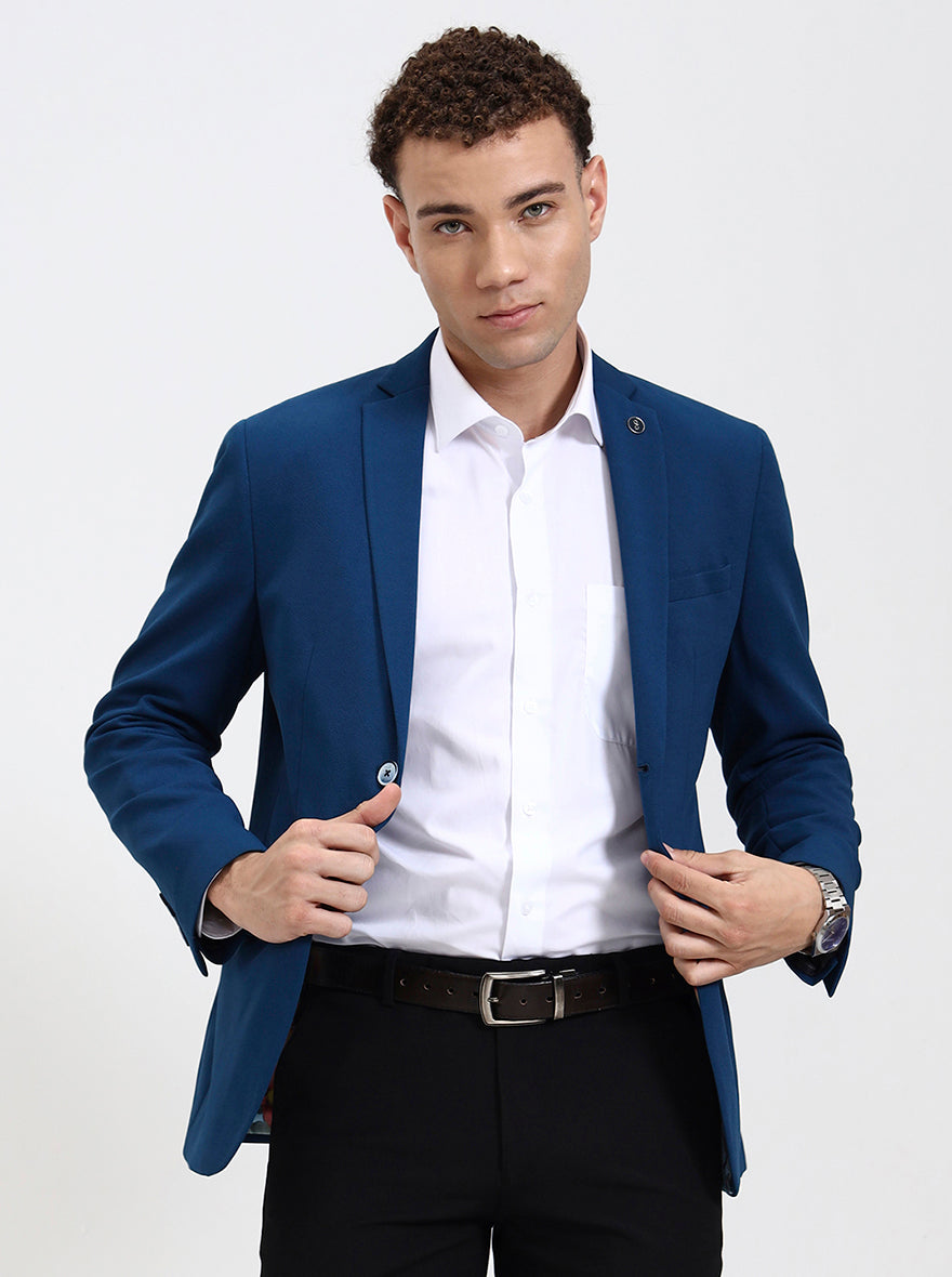 Blue Solid Regular Fit Blazer | JB Studio