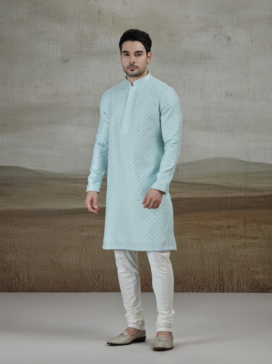 Sky Blue Self Design Kurta Pajama | Virasana