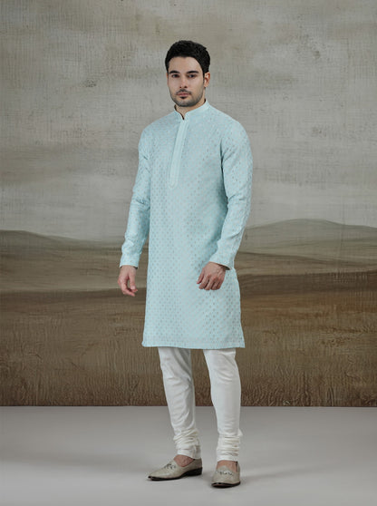 Sky Blue Self Design Kurta Pajama | Virasana