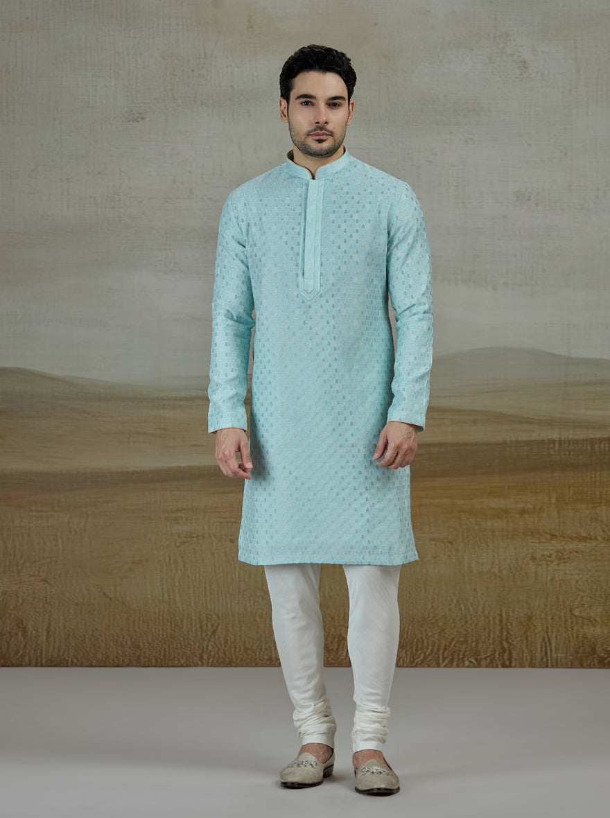 Sky Blue Self Design Kurta Pajama | Virasana