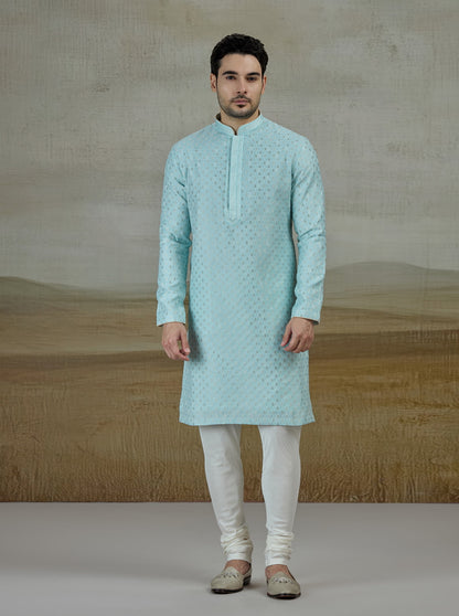 Sky Blue Self Design Kurta Pajama | Virasana