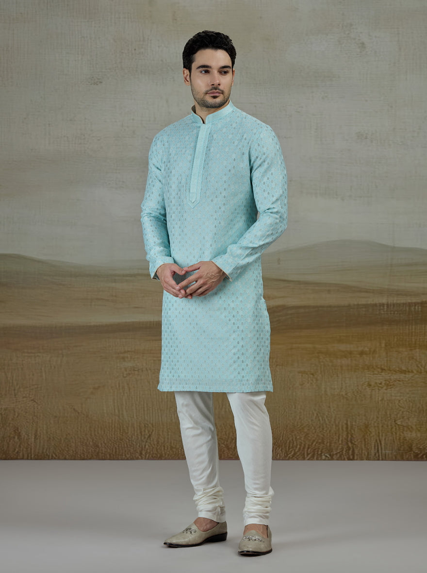 Sky Blue Self Design Kurta Pajama | Virasana