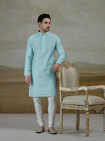 Sky Blue Self Design Kurta Pajama | Virasana