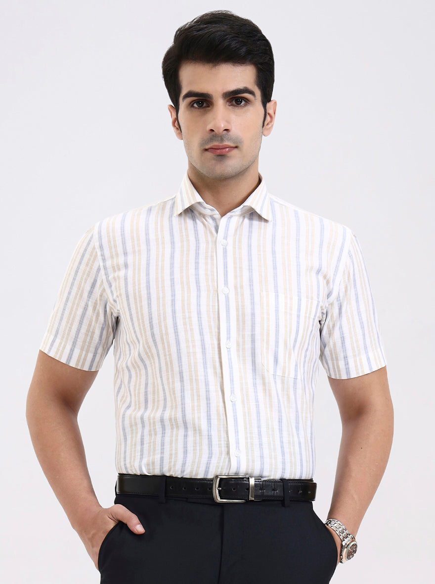 Blue & Fawn Striped Regular Fit Formal Shirt | Greenfibre