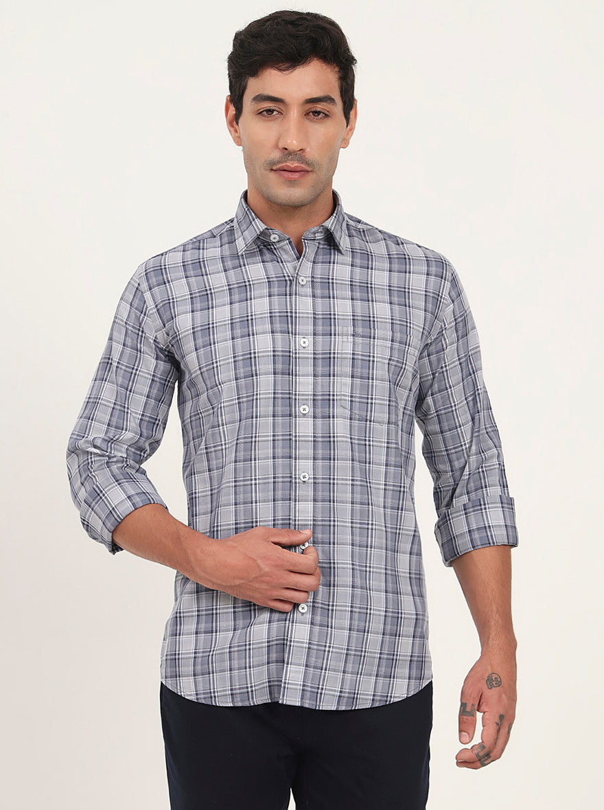 Light Blue & Grey Checked Slim Fit Semi Casual Shirt | JadeBlue