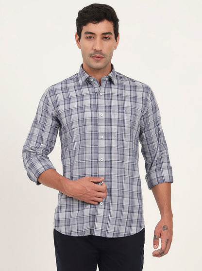 Light Blue & Grey Checked Slim Fit Semi Casual Shirt | JadeBlue