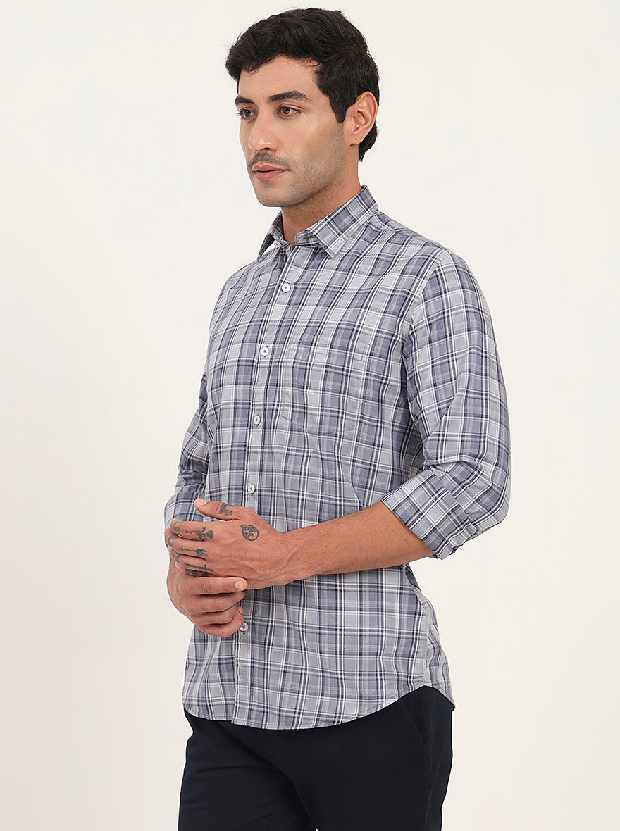 Light Blue & Grey Checked Slim Fit Semi Casual Shirt | JadeBlue