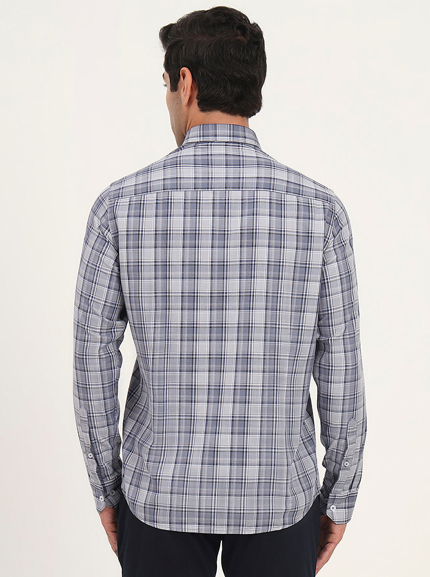 Light Blue & Grey Checked Slim Fit Semi Casual Shirt | JadeBlue