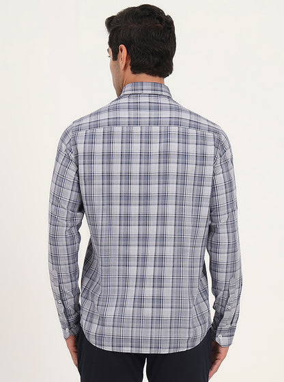 Light Blue & Grey Checked Slim Fit Semi Casual Shirt | JadeBlue