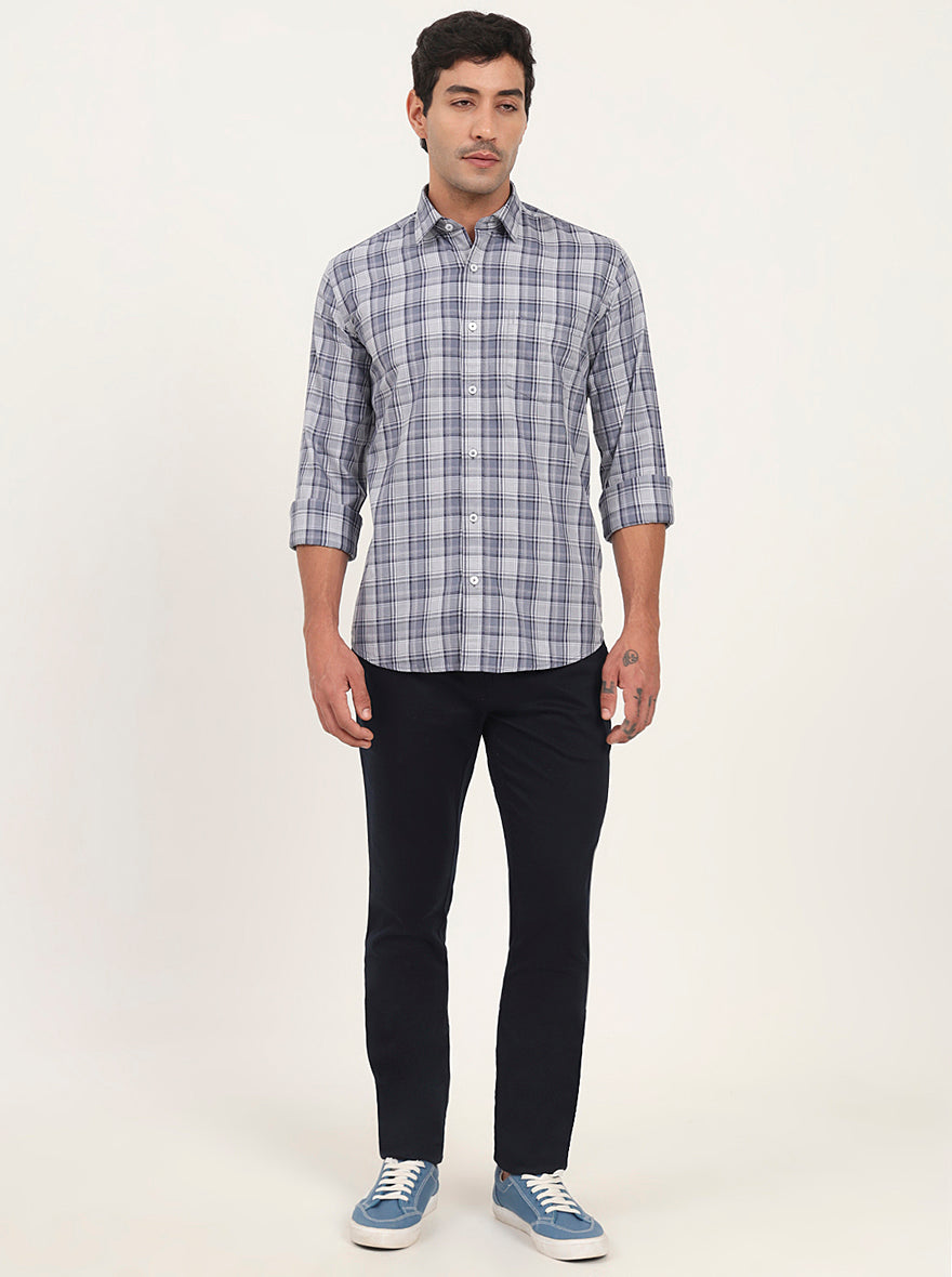 Light Blue & Grey Checked Slim Fit Semi Casual Shirt | JadeBlue