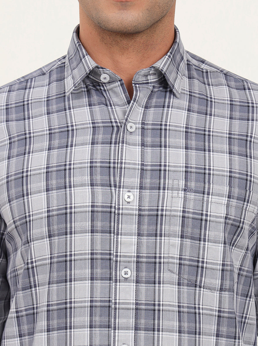 Light Blue & Grey Checked Slim Fit Semi Casual Shirt | JadeBlue