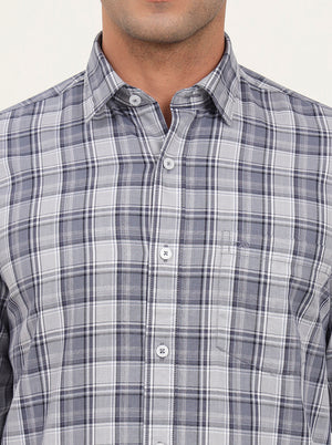Light Blue & Grey Checked Slim Fit Semi Casual Shirt | JadeBlue