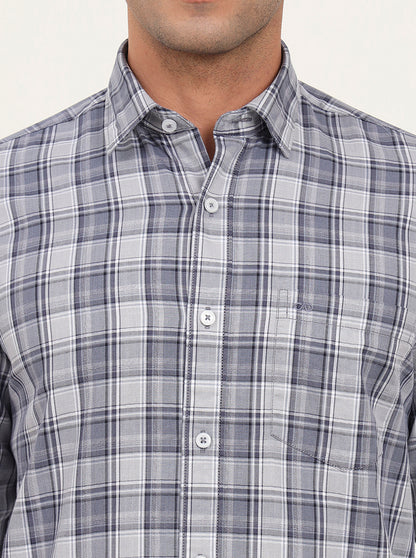 Light Blue & Grey Checked Slim Fit Semi Casual Shirt | JadeBlue