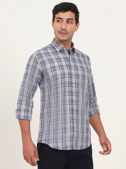 Light Blue & Grey Checked Slim Fit Semi Casual Shirt | JadeBlue