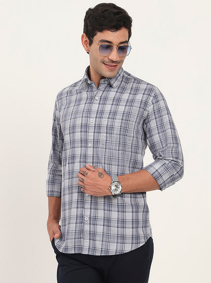 Light Blue & Grey Checked Slim Fit Semi Casual Shirt | JadeBlue