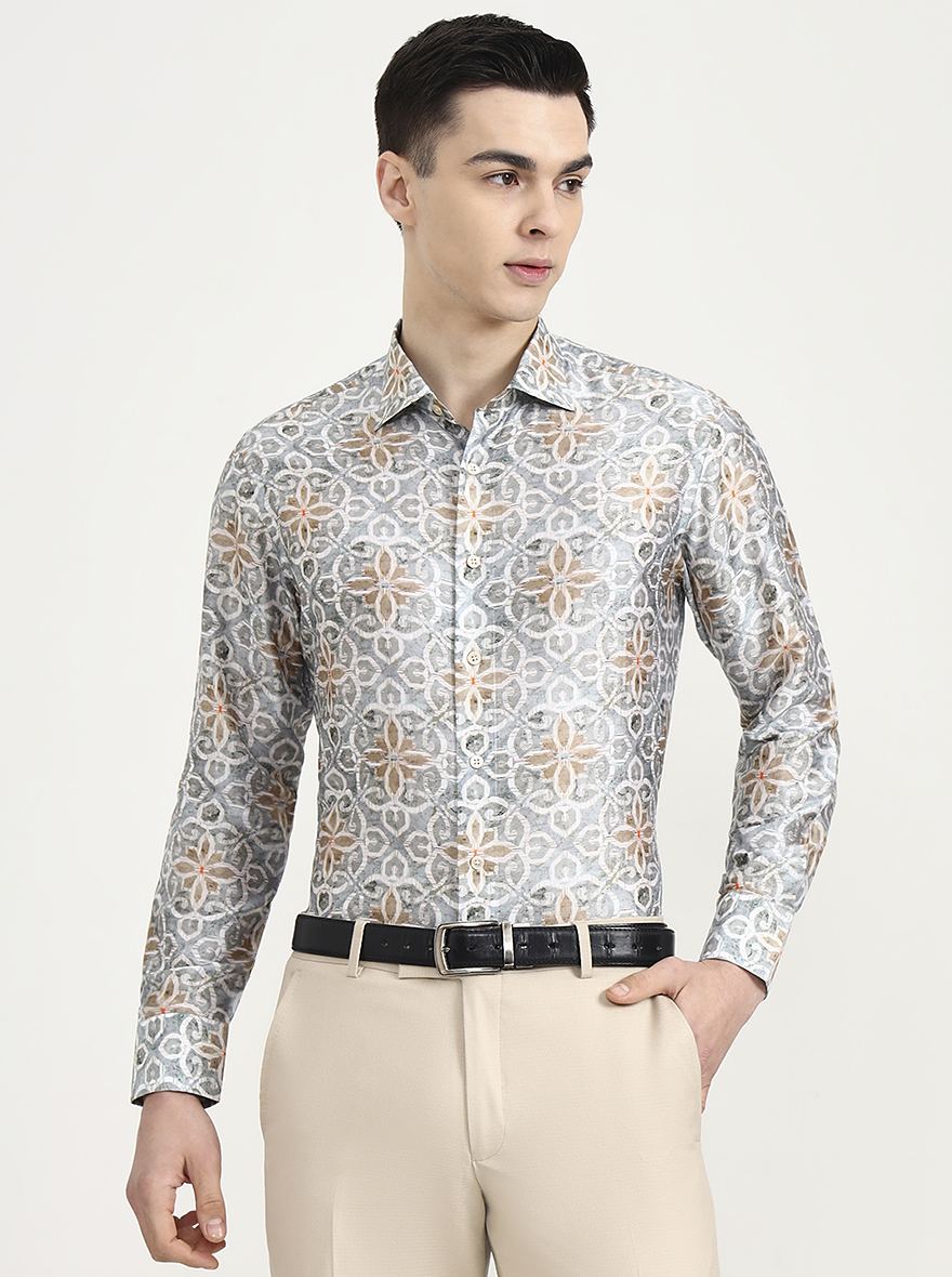 Grey Printed Slim Fit Formal Shirt | JadeBlue Super Luxe