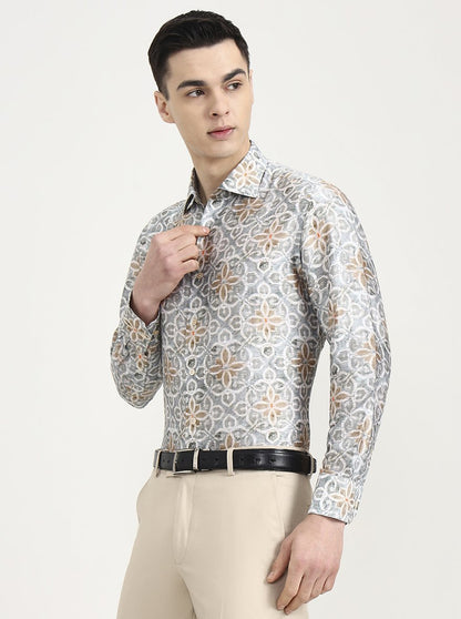 Grey Printed Slim Fit Formal Shirt | JadeBlue Super Luxe