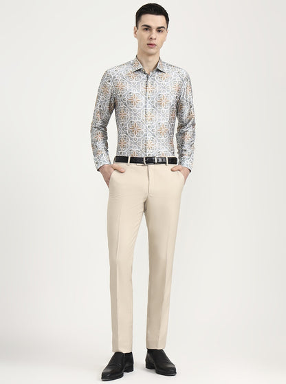Grey Printed Slim Fit Formal Shirt | JadeBlue Super Luxe