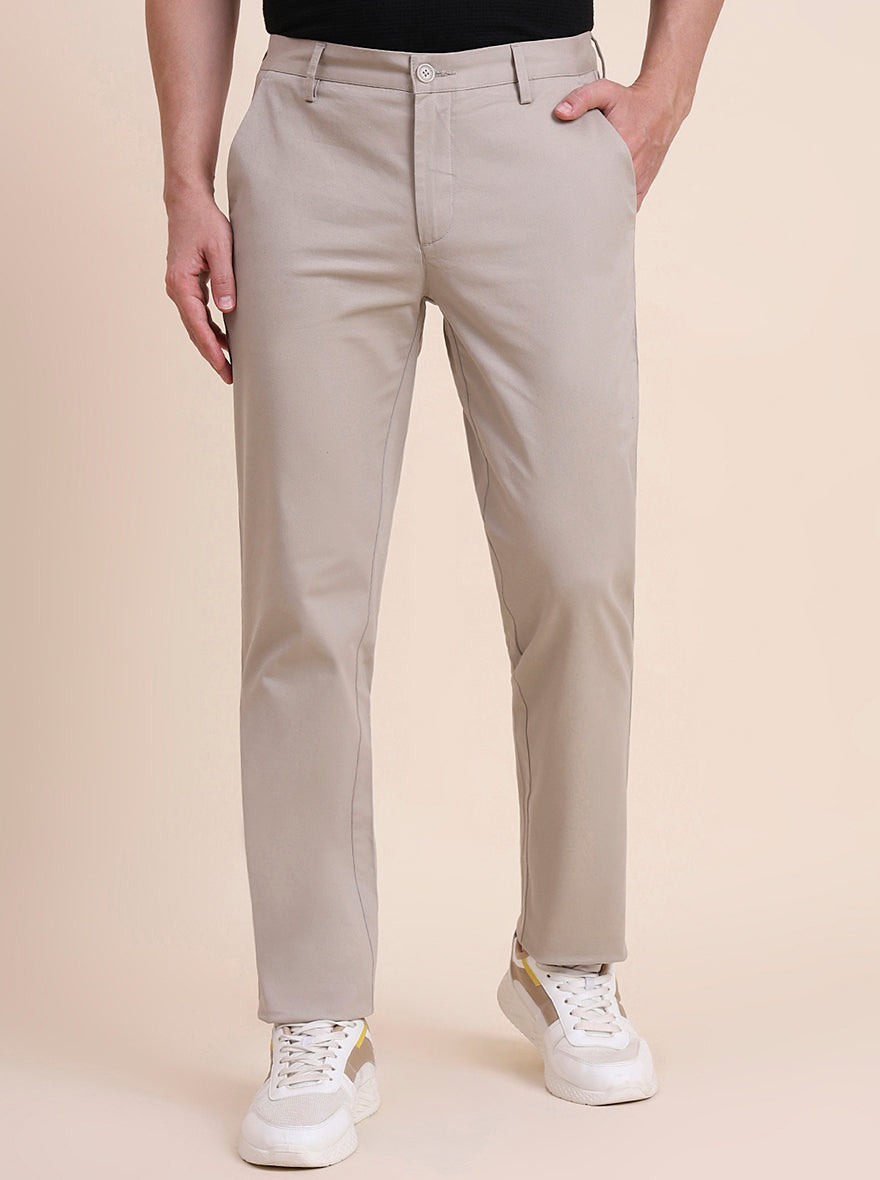 Beige Solid Uno Fit Casual Trouser | JadeBlue