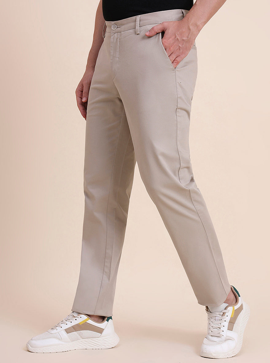 Beige Solid Uno Fit Casual Trouser | JadeBlue