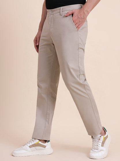 Beige Solid Uno Fit Casual Trouser | JadeBlue