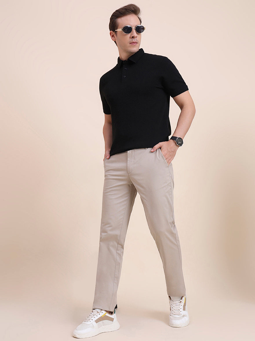 Beige Solid Uno Fit Casual Trouser | JadeBlue