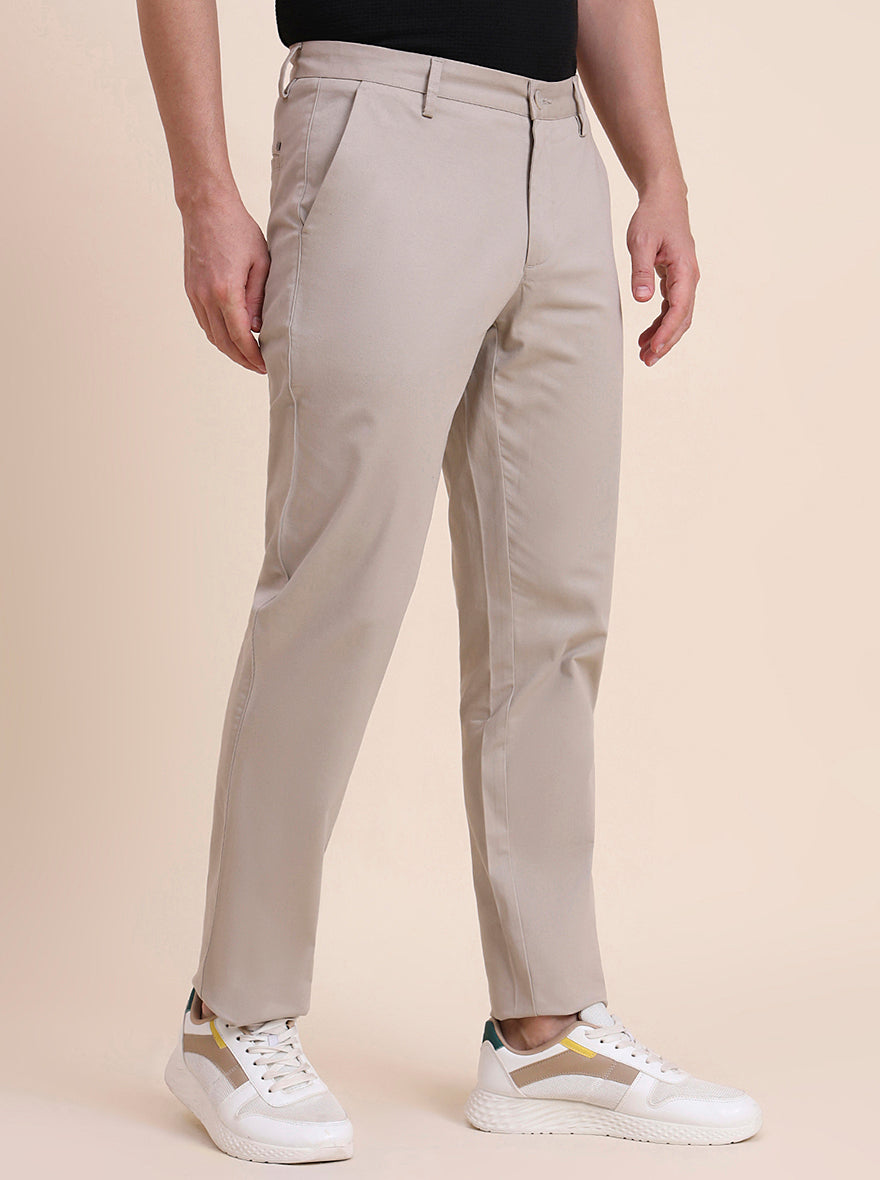 Beige Solid Uno Fit Casual Trouser | JadeBlue
