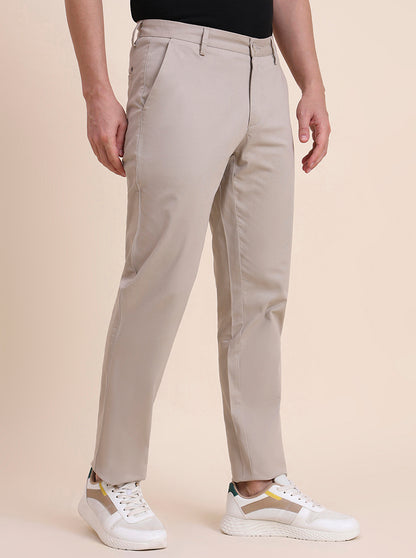Beige Solid Uno Fit Casual Trouser | JadeBlue