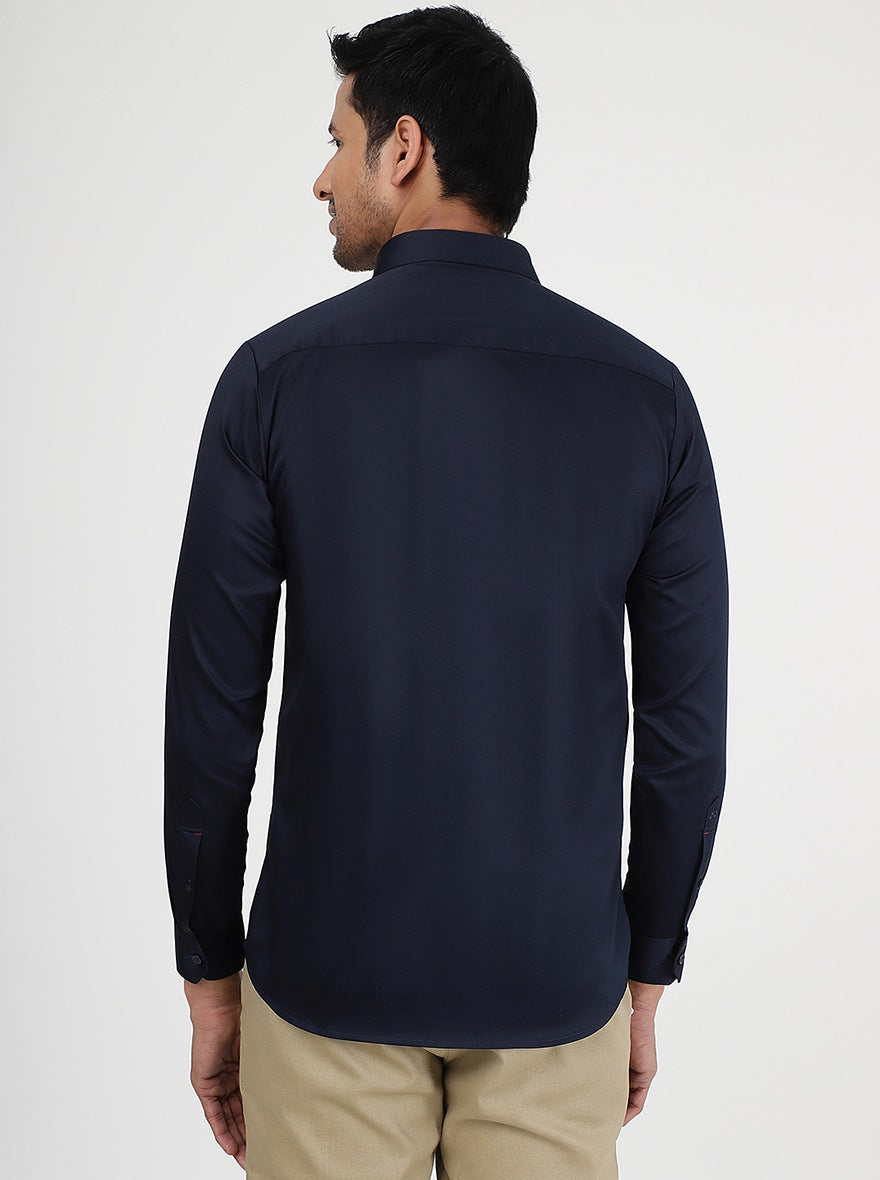 Navy Blue Solid Slim Fit Casual Shirt | JadeBlue