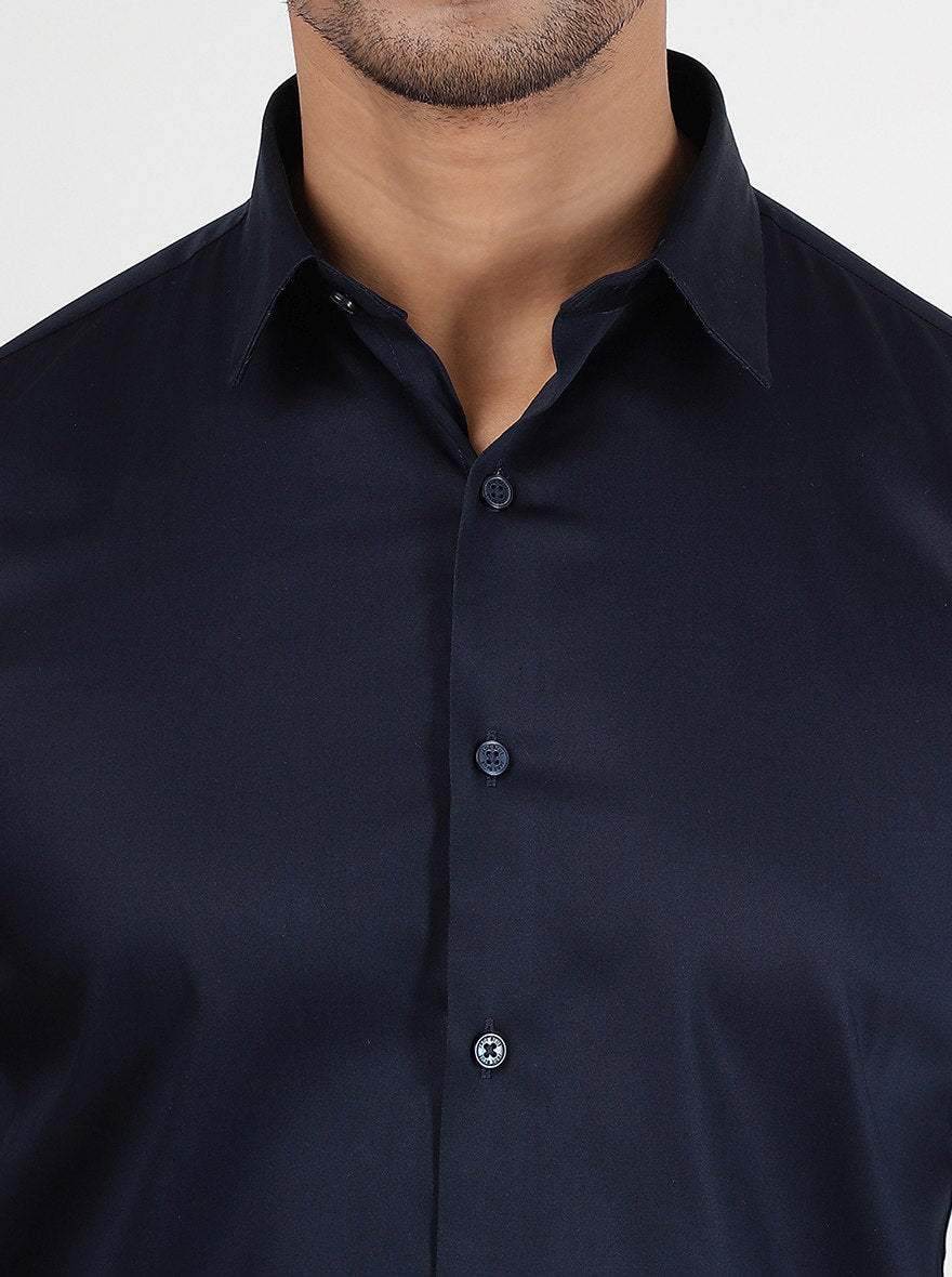 Navy Blue Solid Slim Fit Casual Shirt | JadeBlue
