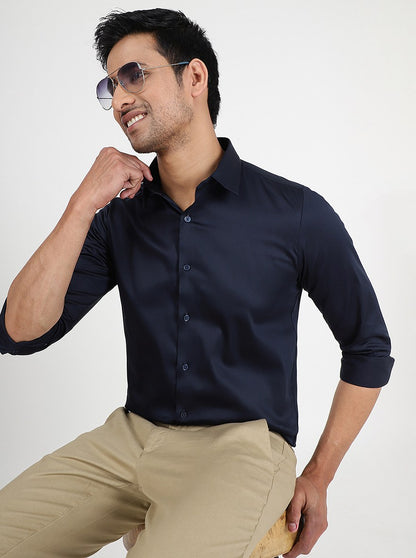 Navy Blue Solid Slim Fit Casual Shirt | JadeBlue