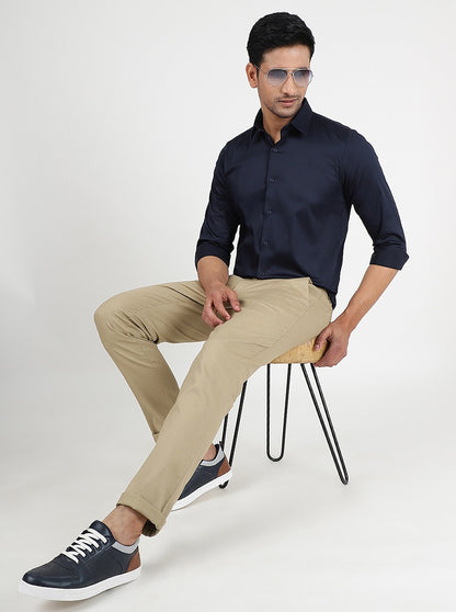 Navy Blue Solid Slim Fit Casual Shirt | JadeBlue