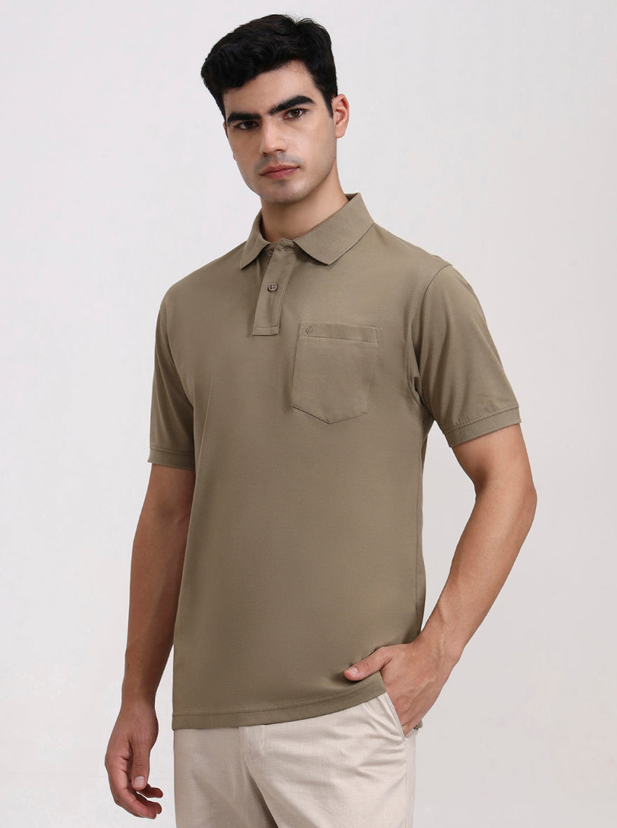 Olive Green Solid Regular Fit Polo T-Shirt | Greenfibre
