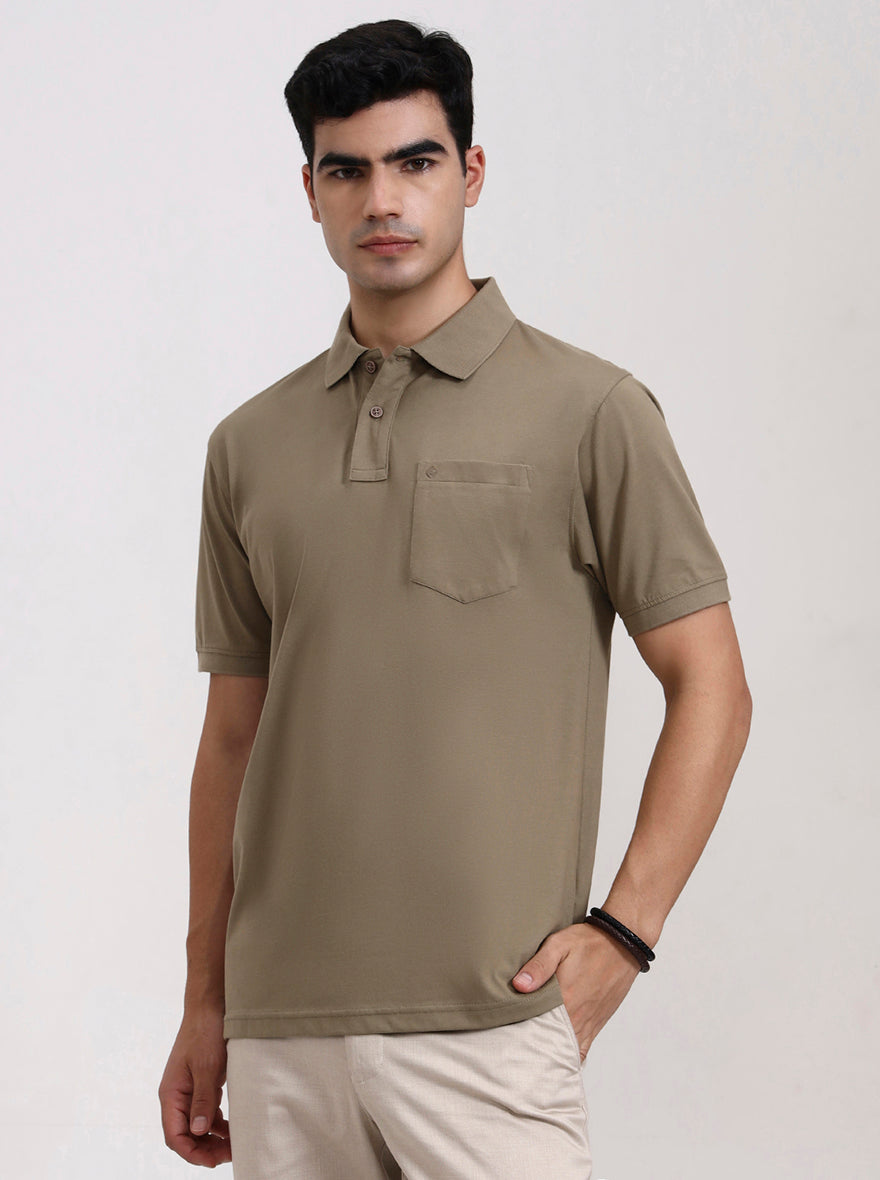 Olive Green Solid Regular Fit Polo T-Shirt | Greenfibre