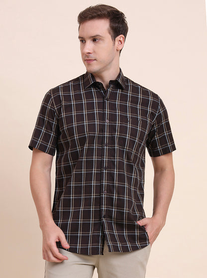 Dark Brown Checked Tailored Fit Semi Casual Shirt | JadeBlue