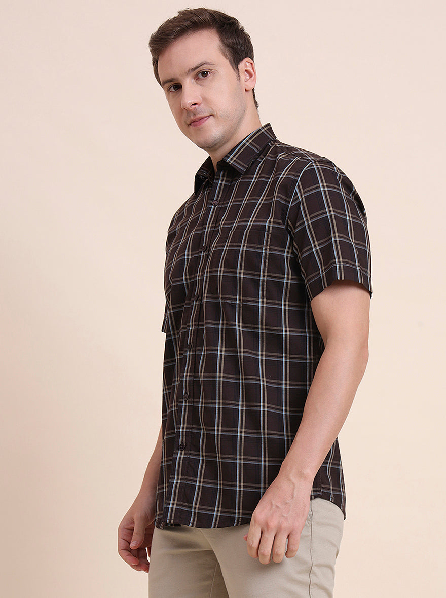 Dark Brown Checked Tailored Fit Semi Casual Shirt | JadeBlue