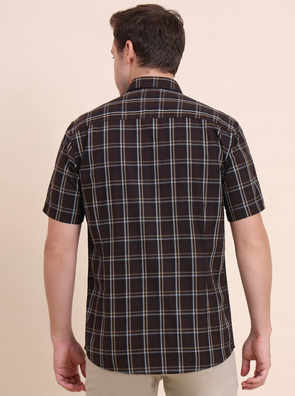 Dark Brown Checked Tailored Fit Semi Casual Shirt | JadeBlue
