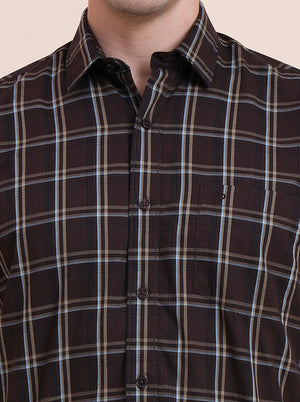 Dark Brown Checked Tailored Fit Semi Casual Shirt | JadeBlue