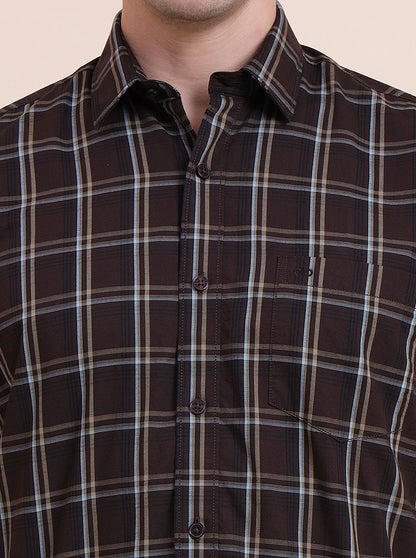 Dark Brown Checked Tailored Fit Semi Casual Shirt | JadeBlue