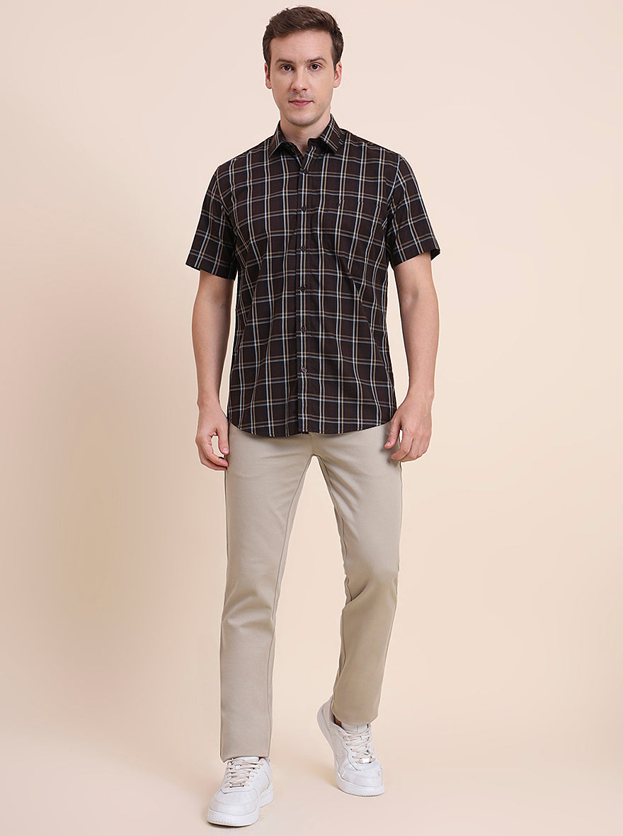 Dark Brown Checked Tailored Fit Semi Casual Shirt | JadeBlue