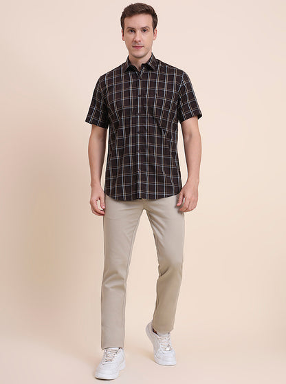 Dark Brown Checked Tailored Fit Semi Casual Shirt | JadeBlue